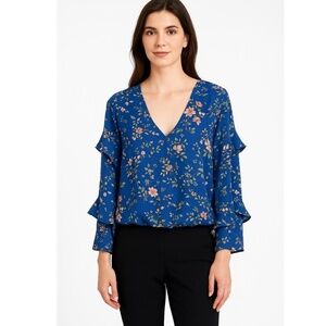 Max Studio Blue Floral Pattern Long Sleeves V Neck Ruffle Sleeves Blouse Size M